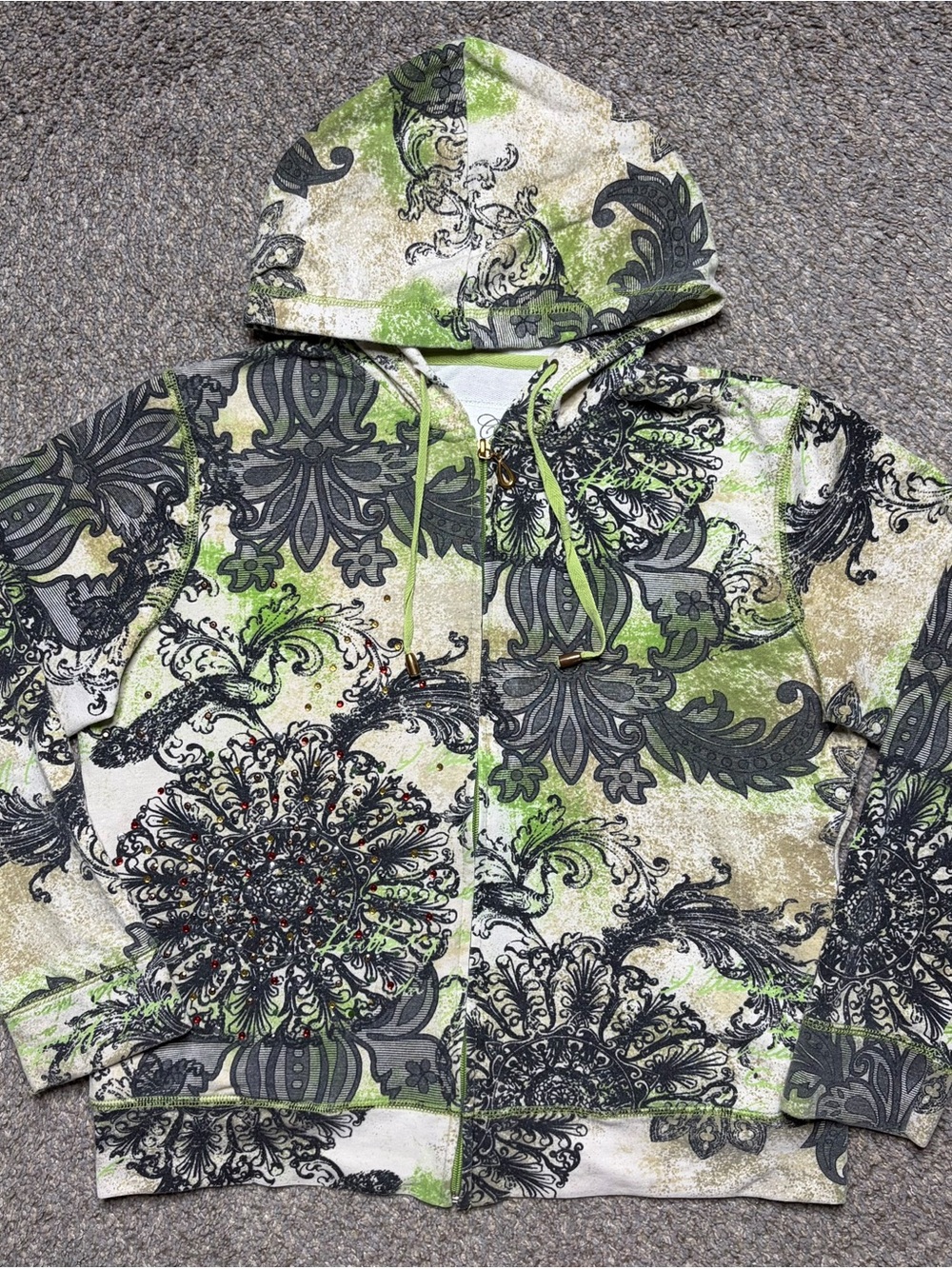 VTG Y2K Green Paisley All Over Print Full Zip Hoodie
